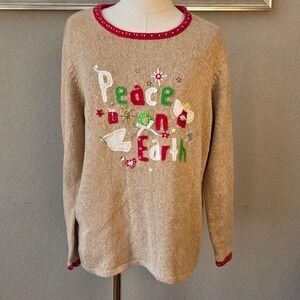 VTG Tiara Womens Christmas Sweater PEACE ON EARTH‎ Dove Knit Holiday Winter XL